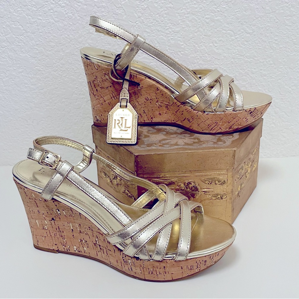 Ralph Lauren ⭐️ Quaylin Gold Wedge Sandals & R.L. Tag | Sz 8